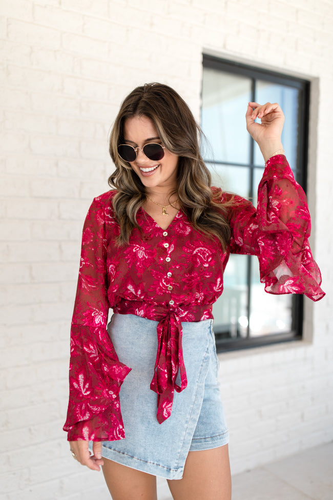 Don't Wait Up Berry Floral Bell Sleeve Tie Front Blouse FINAL SALE