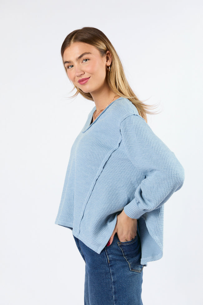 Never Say Never Dusty Blue Ribbed Knit V-Neck Long Sleeve Top Buy Cheap Low Cost