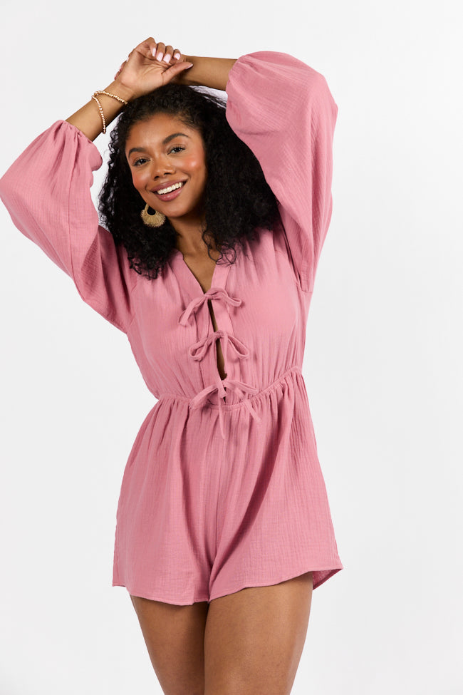 Endless Sunshine Pink Tie Front Long Sleeve Romper Low Pice Fee Shipping Sale Online