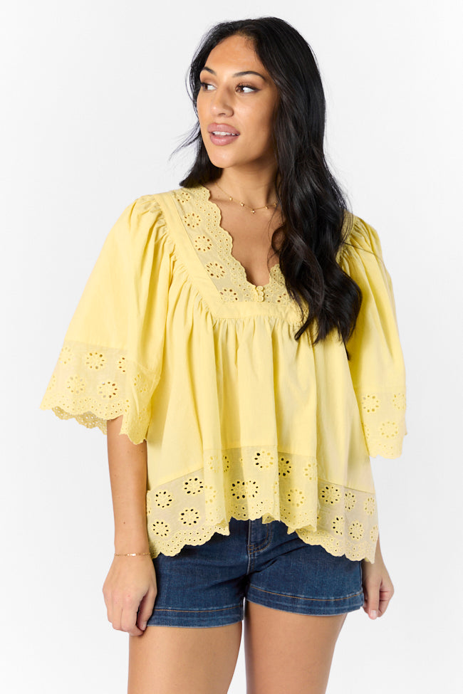 No Regrets Yellow Eyelet Detail Popover Short Sleeve Blouse Clearance Reliable