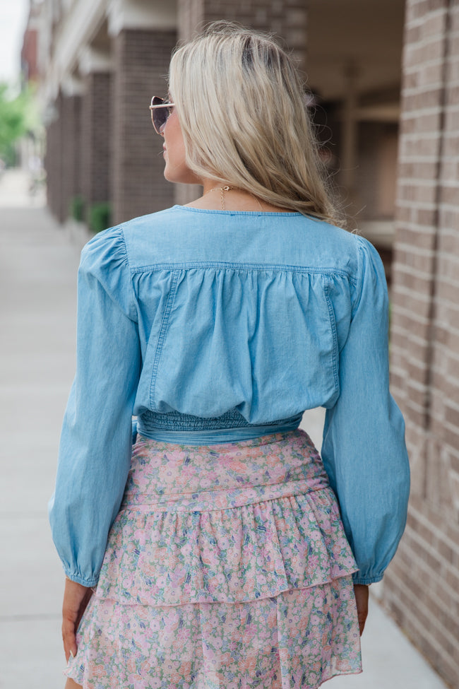 Per Diem Light Wash Chambray Wrap Blouse Outlet Clearance