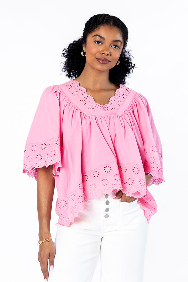 No Regrets Pink Eyelet Detail Popover Short Sleeve Blouse Free Shipping For Cheap