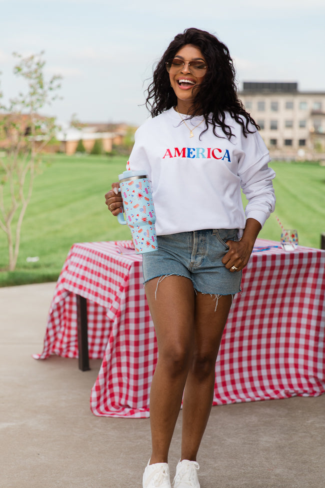 America Multi Embroidery White Oversized Graphic Sweatshirt FINAL SALE Clearance Fake