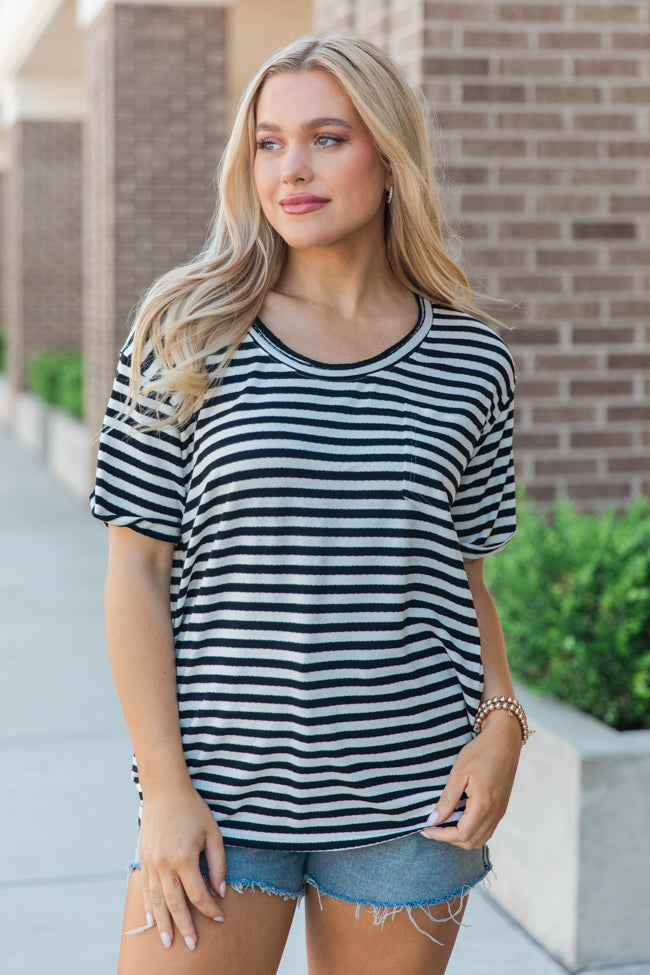 Vital Moment Black and Ivory Striped Scoop Neck T-Shirt FINAL SALE Cheap Sale Pictures