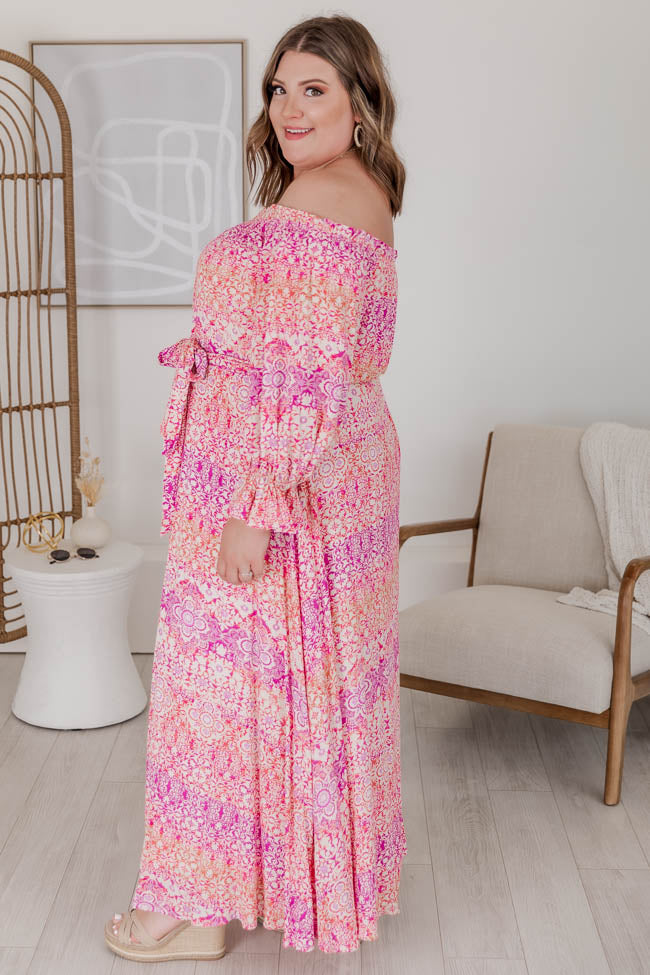 Dynamic Love Pink Printed Off The Shoulder Maxi Dress FINAL SALE Clearance For Cheap