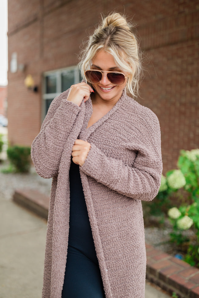 Slow Your Roll Mocha Long Popcorn Cardigan Outlet View