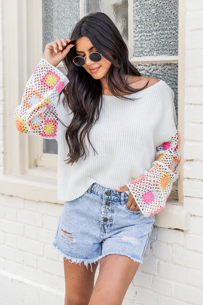 Something To Tell Ivory Bright Multi Crochet Sleeve Sweater  FINAL SALE Buy