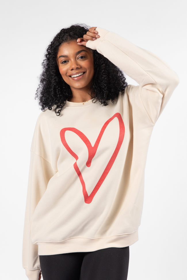 Red Heart Sketch Cream Oversized Graphic Sweatshirt Marketable For Sale