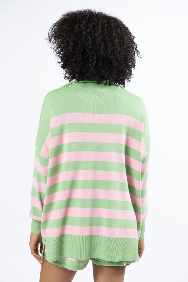 Pulling Heartstrings Green and Pink Striped Quarter Zip Pullover SALE Inexpensive Sale Online