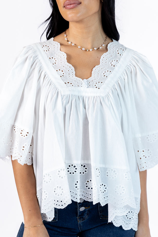 No Regrets Ivory Eyelet Detail Popover Short Sleeve Blouse Shop For Sale