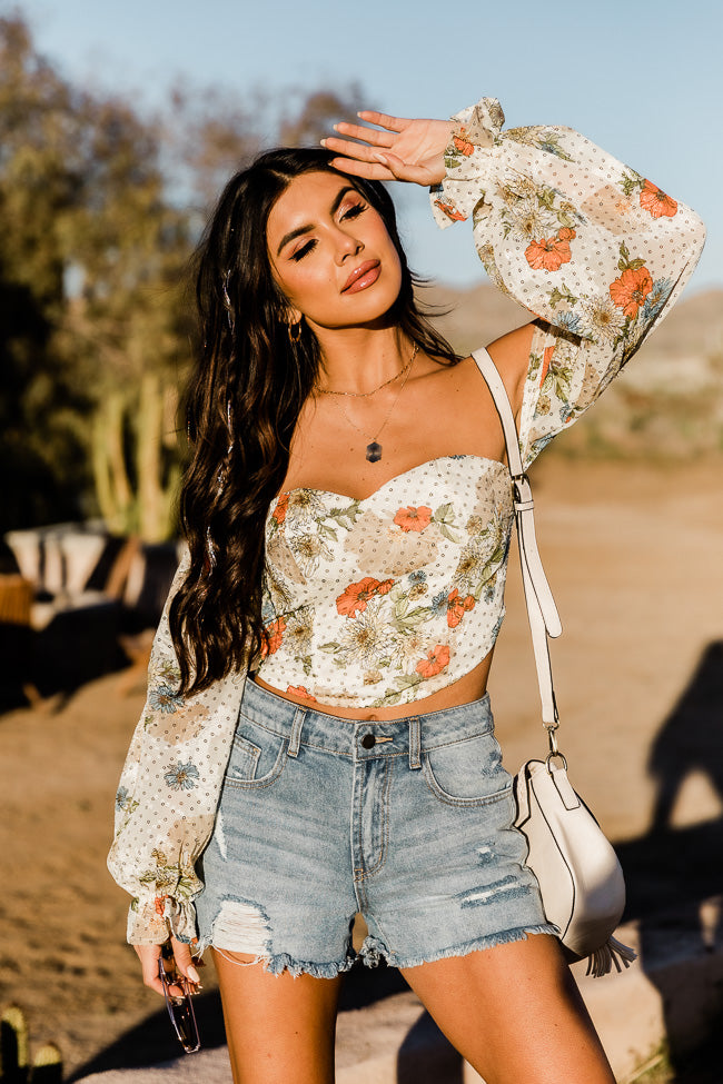 Don't Look Back Beige Floral Print Off The Shoulder Corset Blouse