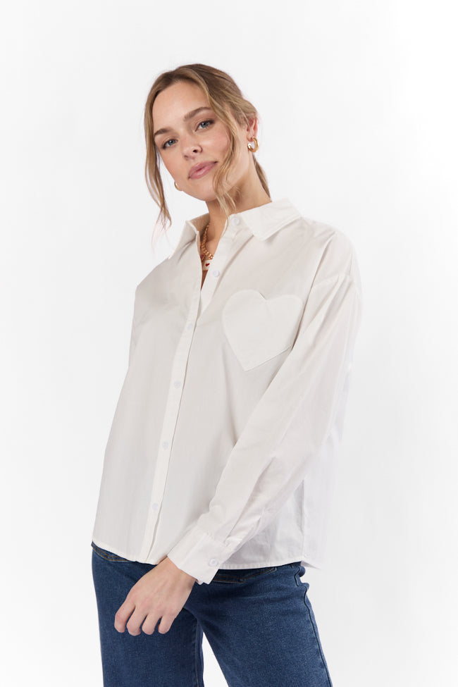 All My Love Heart Pocket Ivory Button Down Blouse Outlet Top Quality