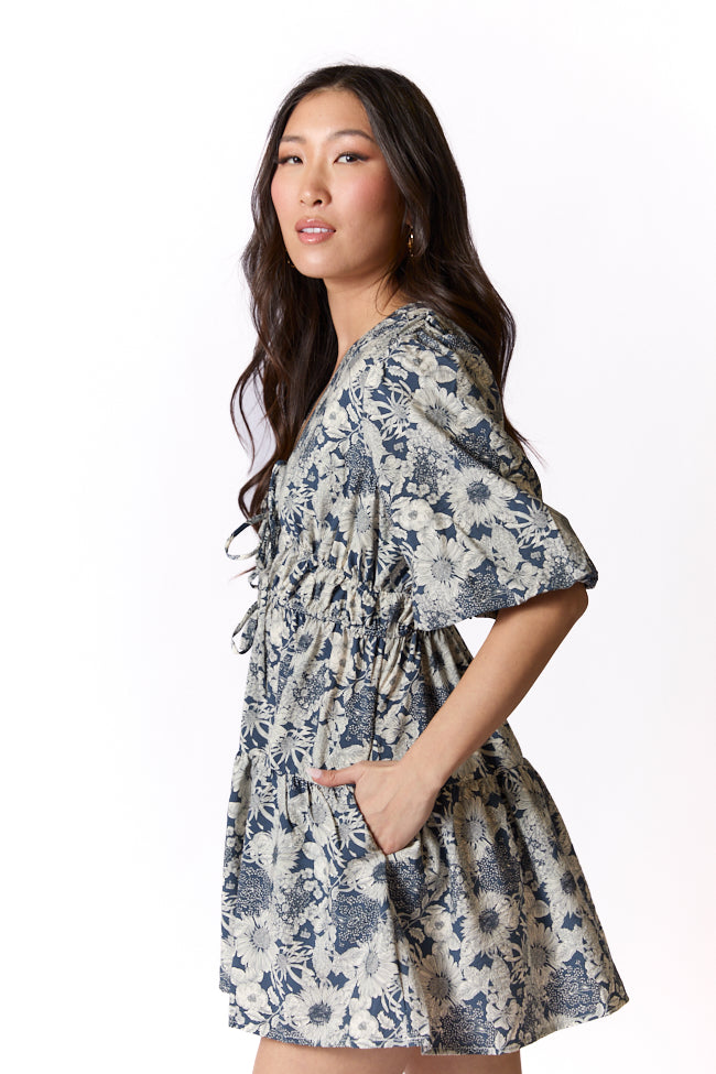 Build My Empire Navy Tie Front Floral Mini Dress Sale Best Wholesale