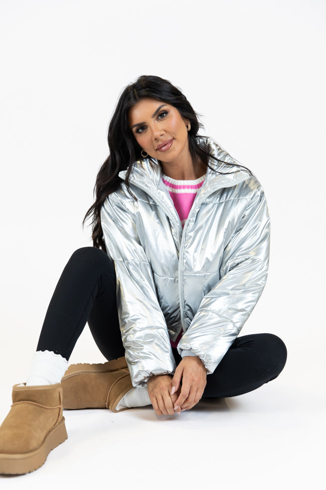 Keep Me Warm Silver Chrome Puffer Jacket SALE Discount Largest Supplier