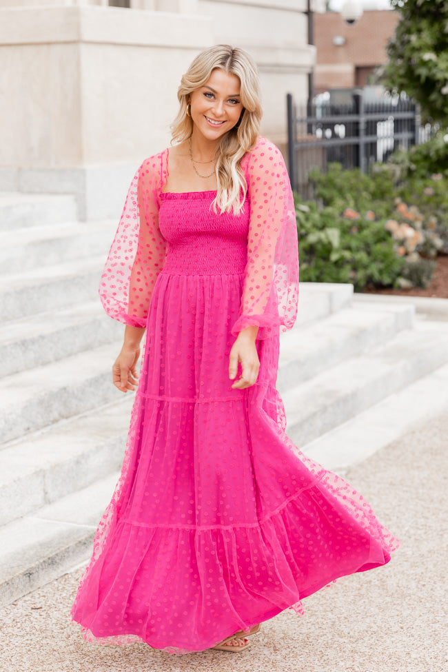 Figuring It Out Hot Pink Off The Shoulder Daisy Mesh Tiered Maxi Dress FINAL SALE Discount Collections