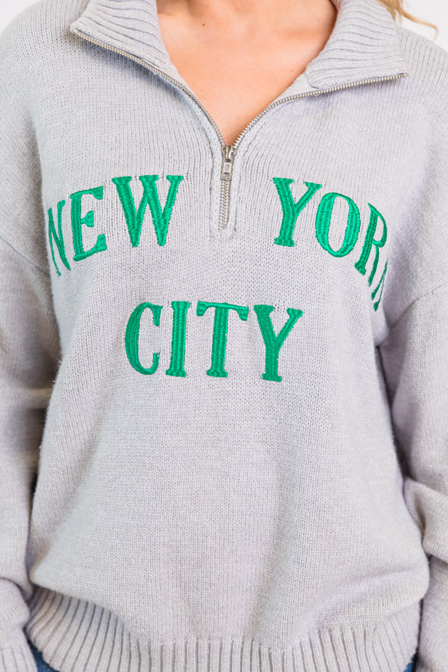 Roll With It Grey and Green New York Embroidered Quarter Zip Sweater FINAL SALE Outlet New Styles