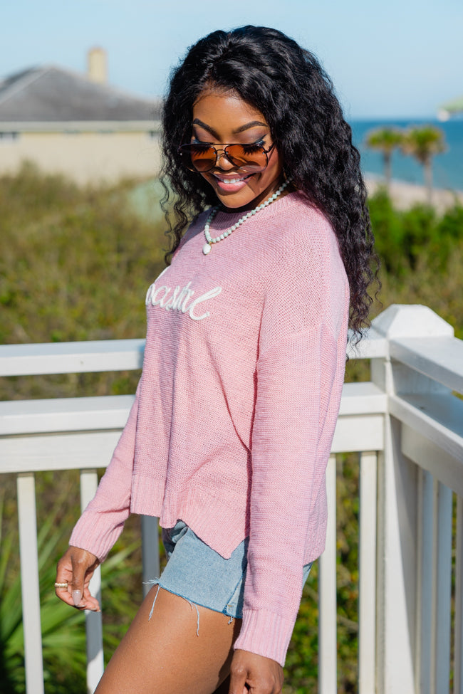 Off To The Beach Pink Coastal Script Sweater Cheap Genuine