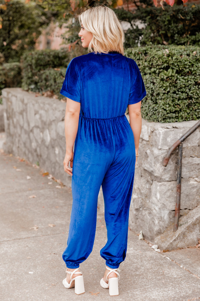 On Your Own Time Blue Velvet Short Sleeve Jumpsuit FINAL SALE Cheap Sale Explore