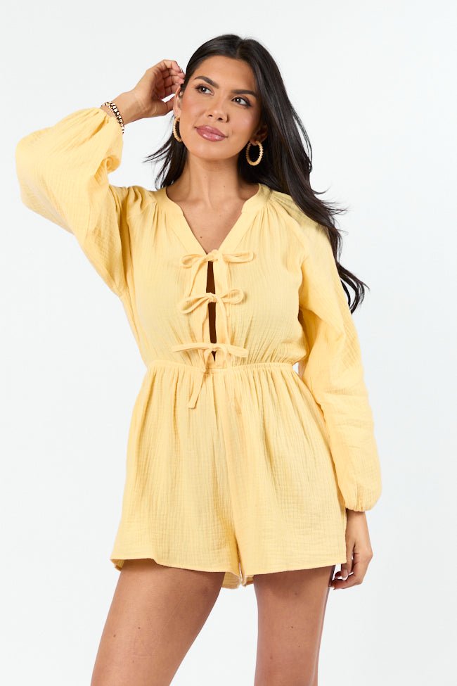 Endless Sunshine Yellow Tie Front Long Sleeve Romper 2025 New For Sale