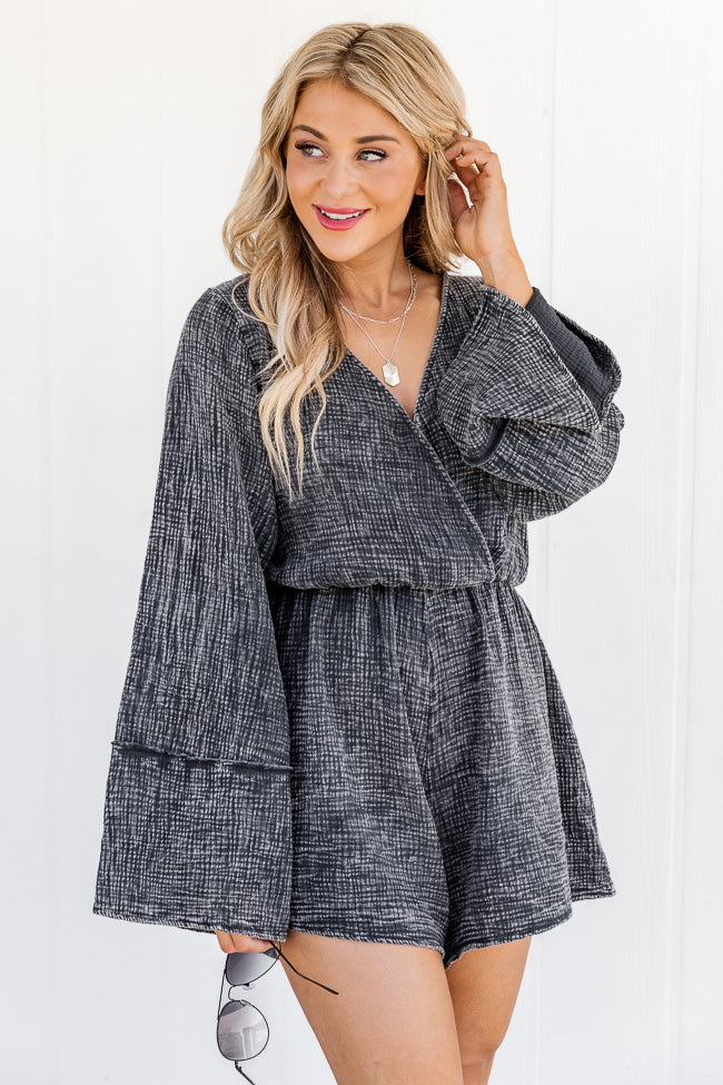 Washed Away Black Acid Wash Long Sleeve Romper FINAL SALE Best Wholesale