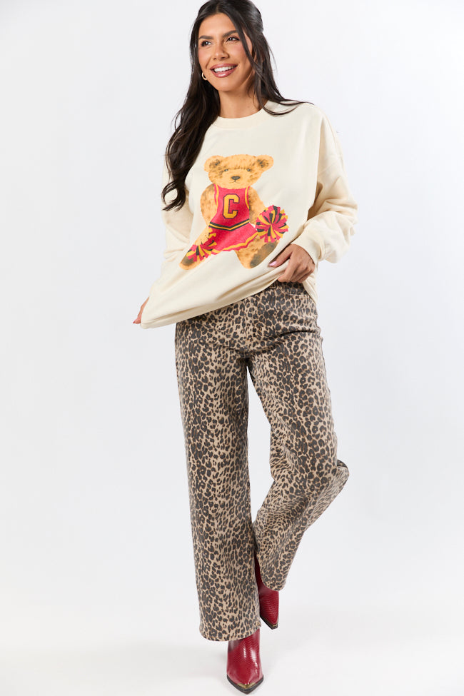 Vintage Red and Gold Cheer Teddy Bear Cream Oversized Graphic Sweatshirt Looking For For Sale