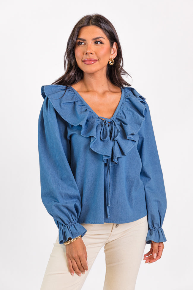 Feel This Way Medium Wash Ruffle Detail Chambray Blouse FINAL SALE Best Sale Cheap Pice