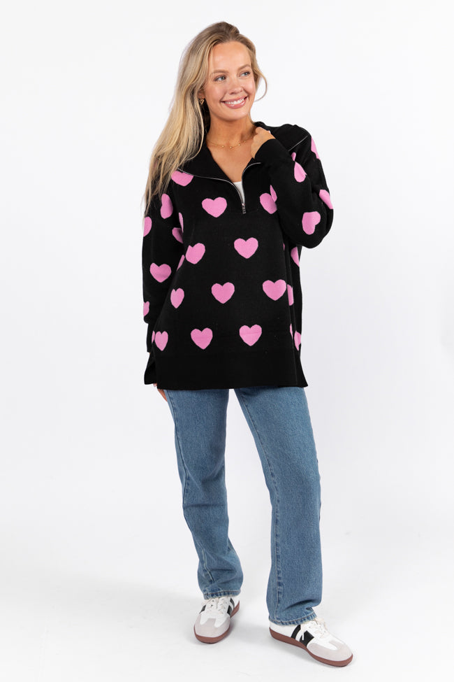 Pulling Heartstrings Black and Pink Heart Print Quarter Zip Pullover FINAL SALE Discount Fashionable