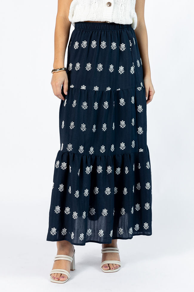 No Place Like This Navy Embroidered Maxi Skirt Clearance Purchase