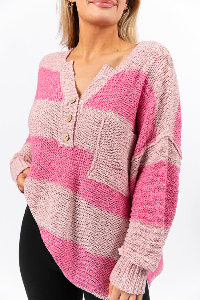 Know You Best Pink Oversized Striped Henley Sweater Free Shipping