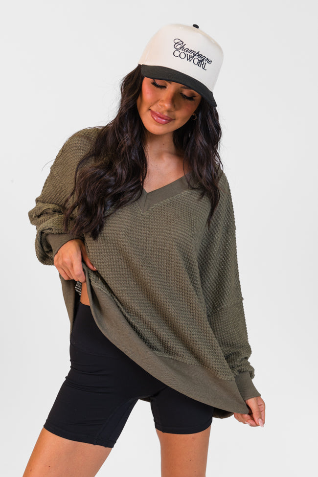 Perfect Score Olive Oversized Waffle V-Neck Top Cheap Order