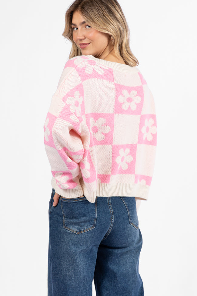 Found A New Way Pink V-Neck Checkered Flower Sweater SALE For Sale 2025