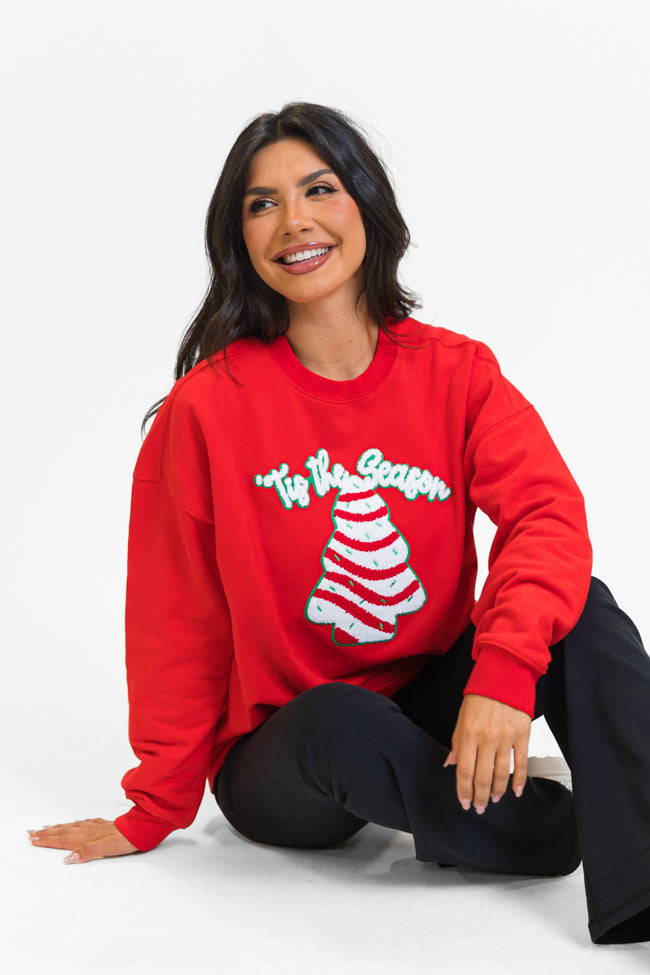 Tis The Season Christmas Cake Patch Red Oversized Graphic Sweatshirt FINAL SALE Sale Popular