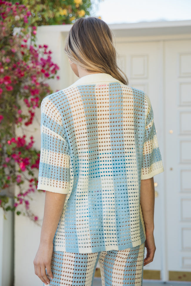 Along The Beach Blue Button Up Crochet Striped Top Free Shipping Cheap Pice