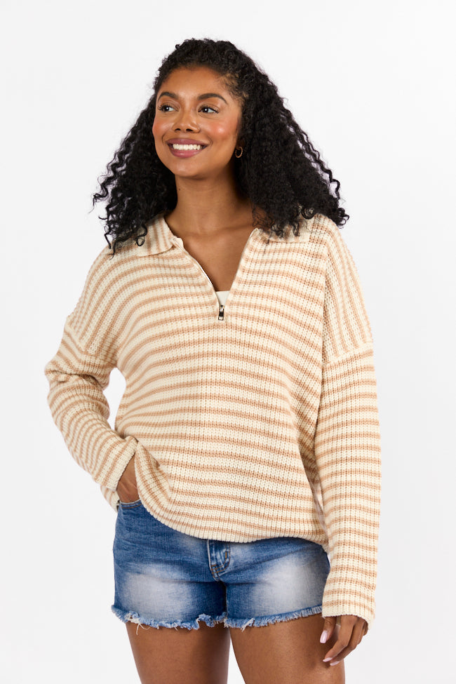 Bayside Breeze Ivory and Tan Stripe Quarter Zip Pullover Sweater Release Dates Sale Online