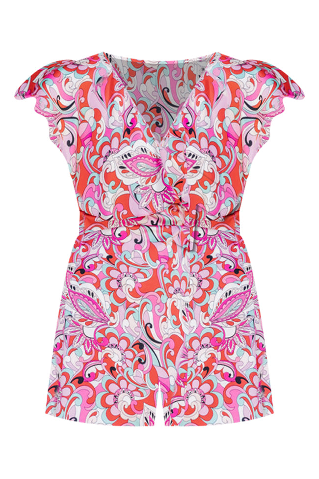 In The Sky Pink And Red Abstract Printed Satin Romper FINAL SALE Outlet For You