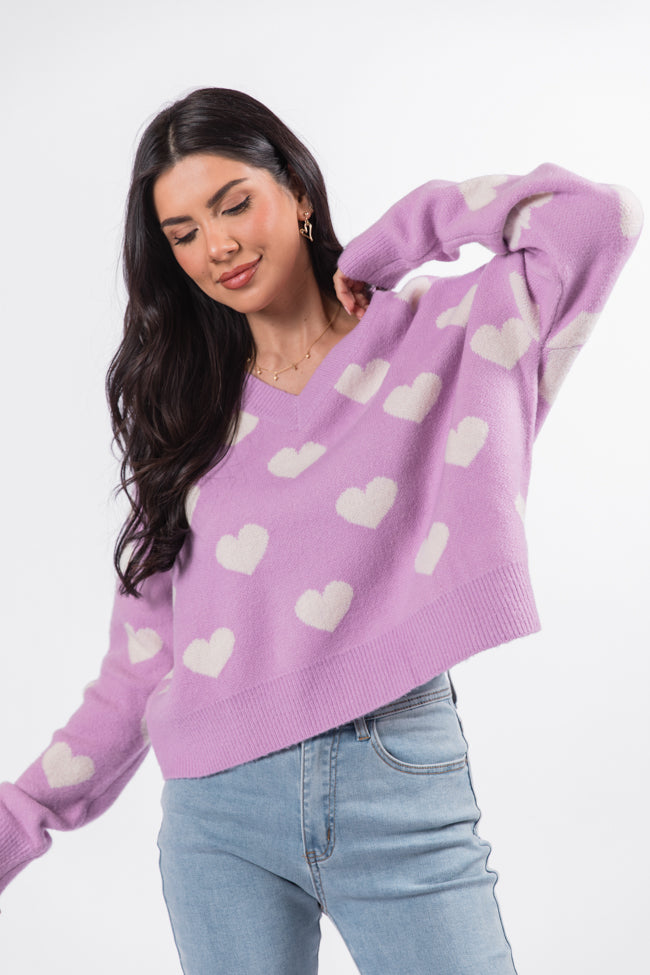 By The Book Lilac Hearts V-Neck Sweater FINAL SALE Cheap Sale Huge Surprise