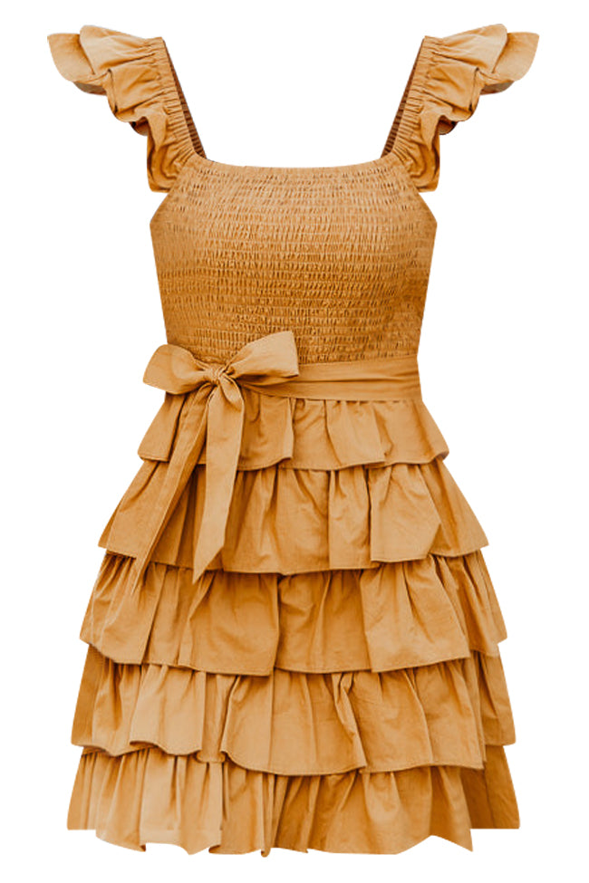 Still Have Time Mustard Tiered Ruffle Belted Mini Dress FINAL SALE Free Shipping Finishline