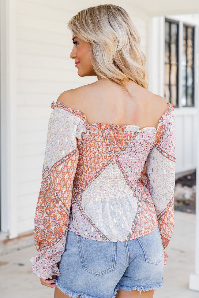 Saddle Up With Me Camel Patch Print Off The Shoulder Blouse FINAL SALE Store Online