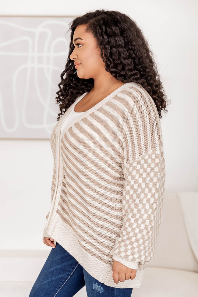 Time To Waste Oversized Beige Checkered and Striped Cardigan Free Shipping Fashionable