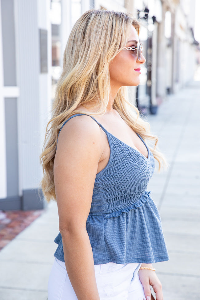 Leave It To Me Slate Blue Smocked Bust Knit Tank FINAL SALE Official For Sale