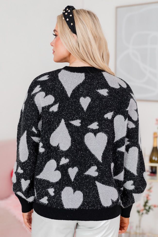 Always Be Mine Black And Silver Shimmer Heart Sweater FINAL SALE Outlet Get To Buy