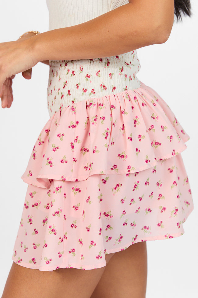 Special Day Ivory and Pink Multi Floral Color Block Tiered Skort Recommend Sale Online