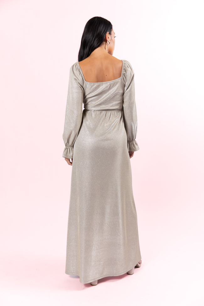 Holiday Magic Silver Shimmer Rouched Maxi Dress SALE Cheap Pice Low Shipping Fee