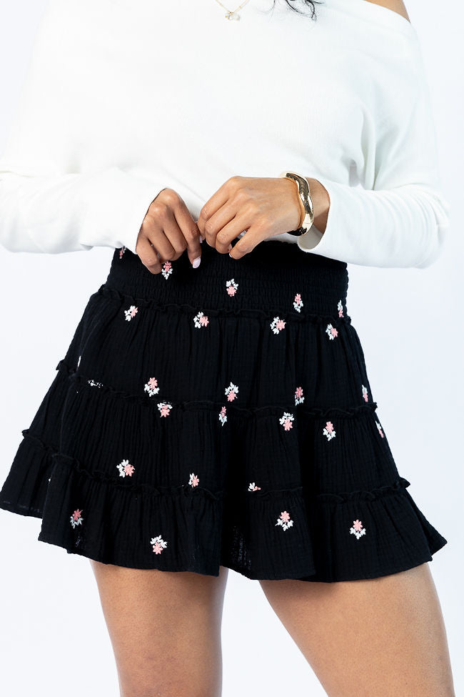 Through The Garden Black Gauze Floral Mini Skort Sale Recommend