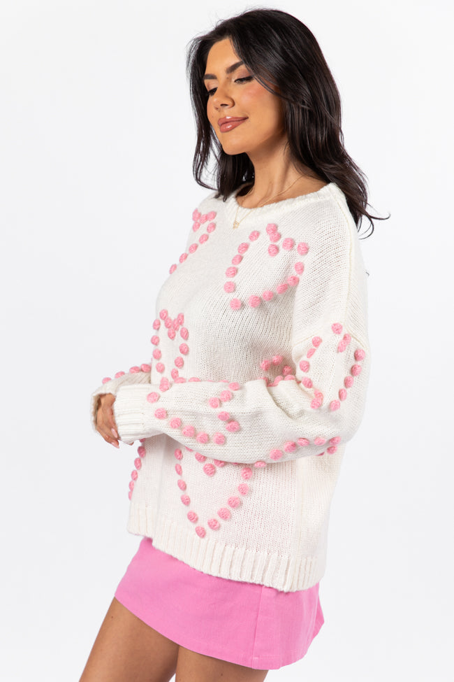 Adore You Ivory and Pink Oversized Heart Pom Sweater FINAL SALE Free Shipping Discounts