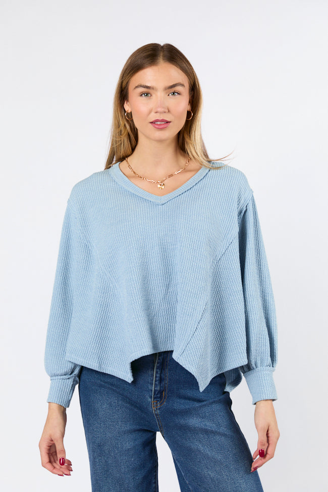 Never Say Never Dusty Blue Ribbed Knit V-Neck Long Sleeve Top Buy Cheap Low Cost