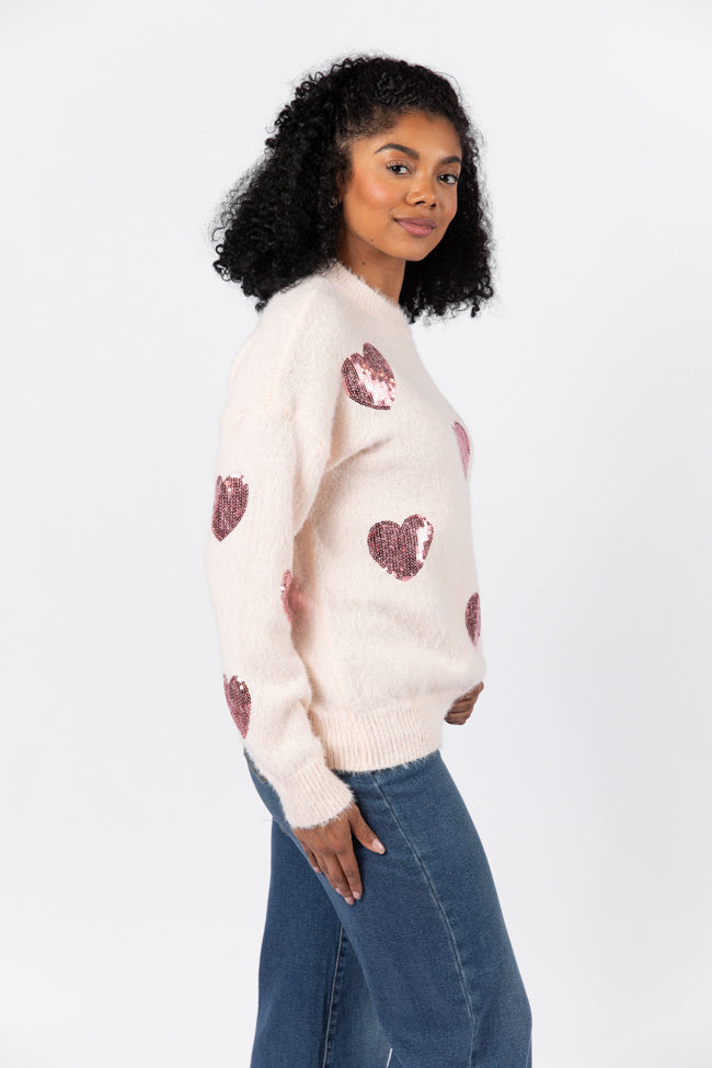 True Romance Blush Sequin Heart Sweater FINAL SALE Discount Low Cost