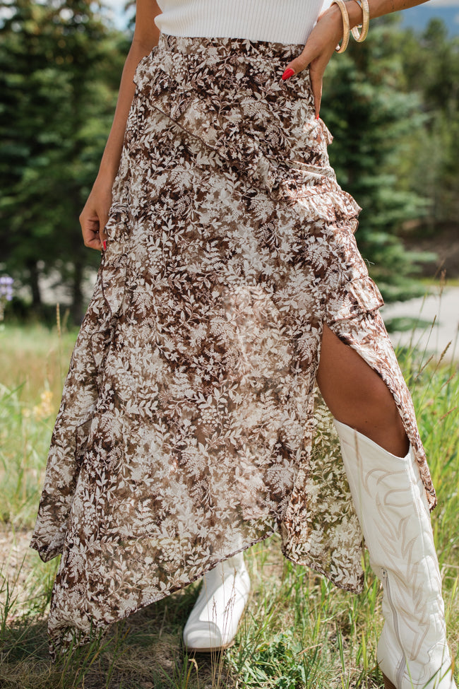 The Way Love Goes Brown Floral Ruffled Detail Midi Skirt FINAL SALE Shop Offer For Sale