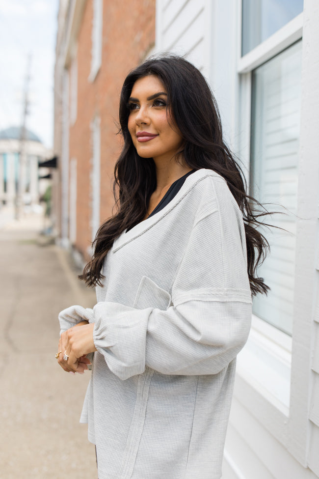 Along The Way Heather Grey Oversized Pocketed Waffle Top Sale Online Shop