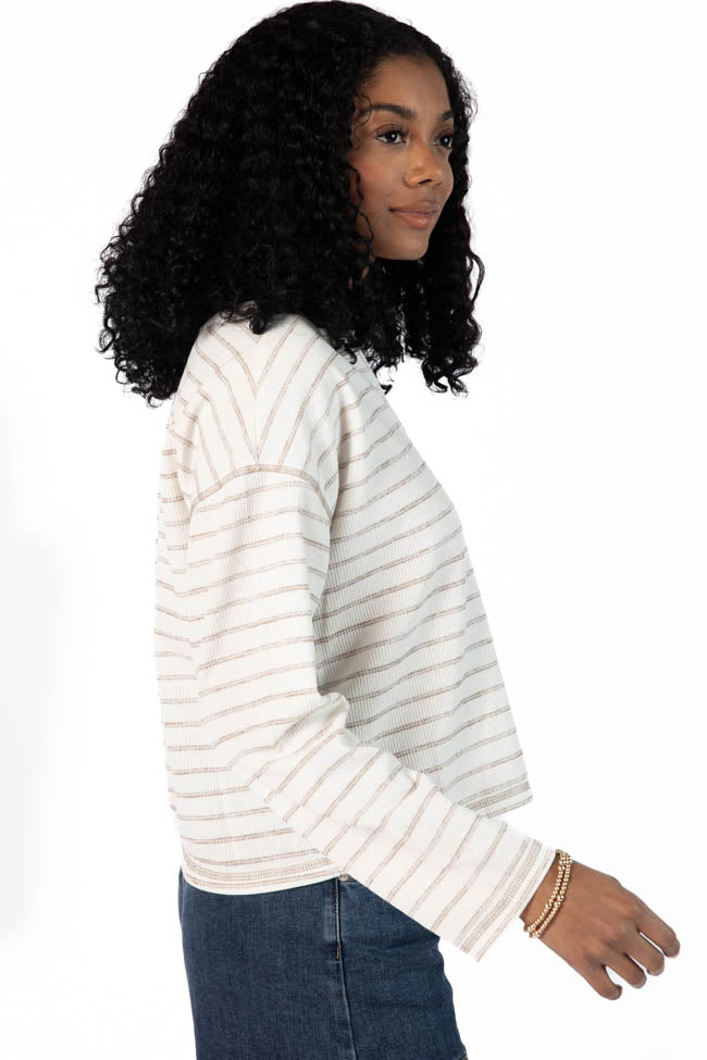 Many Beginnings Cream and Beige Striped Notched Neck Tee Outlet Countdown Package